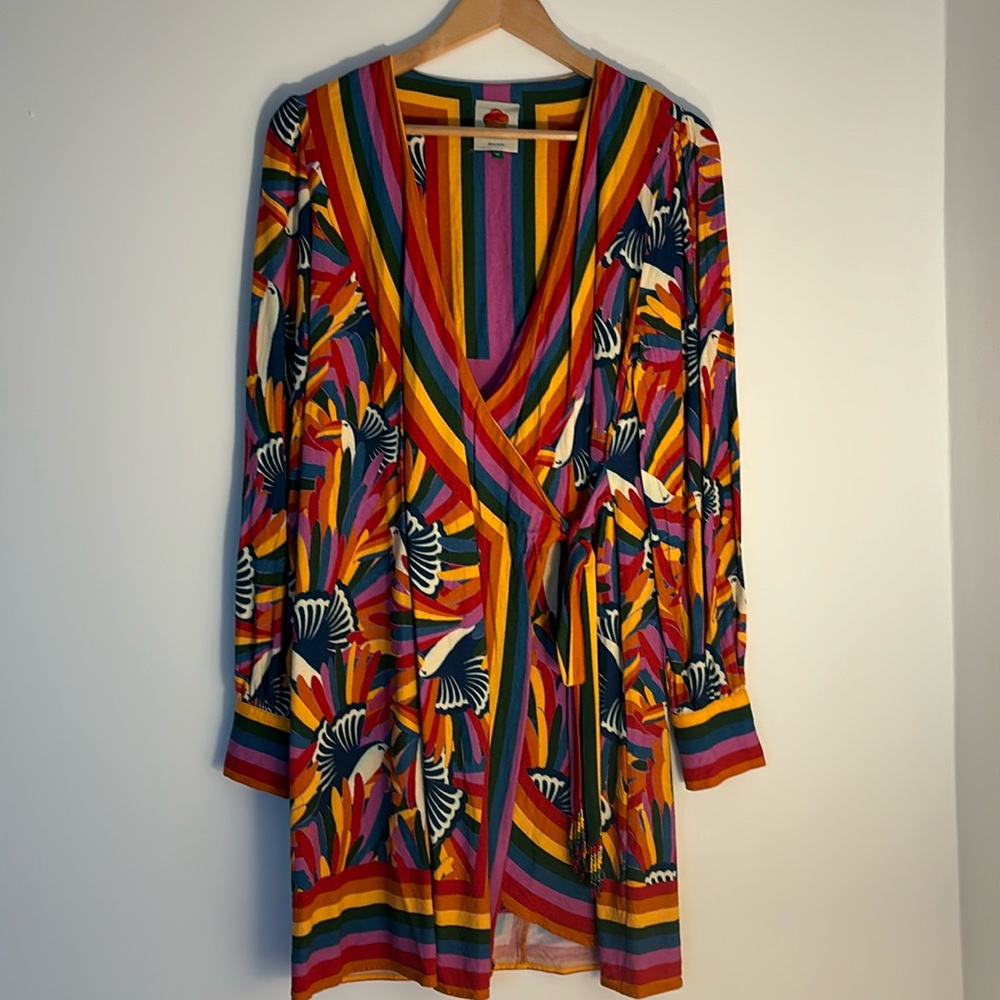 Farm Rio Rainbow Toucans Long Sleeve Mini Wrap Dress